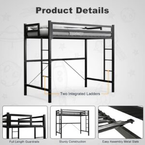 AOVSA Metal Loft Bed Twin Size with 2 Ladders, Junior Metal Twin Over Loft Bunk Bed with Safety Guard for Adults Teens/Space-Saving/Noise Free/No Box Spring Needed - Black