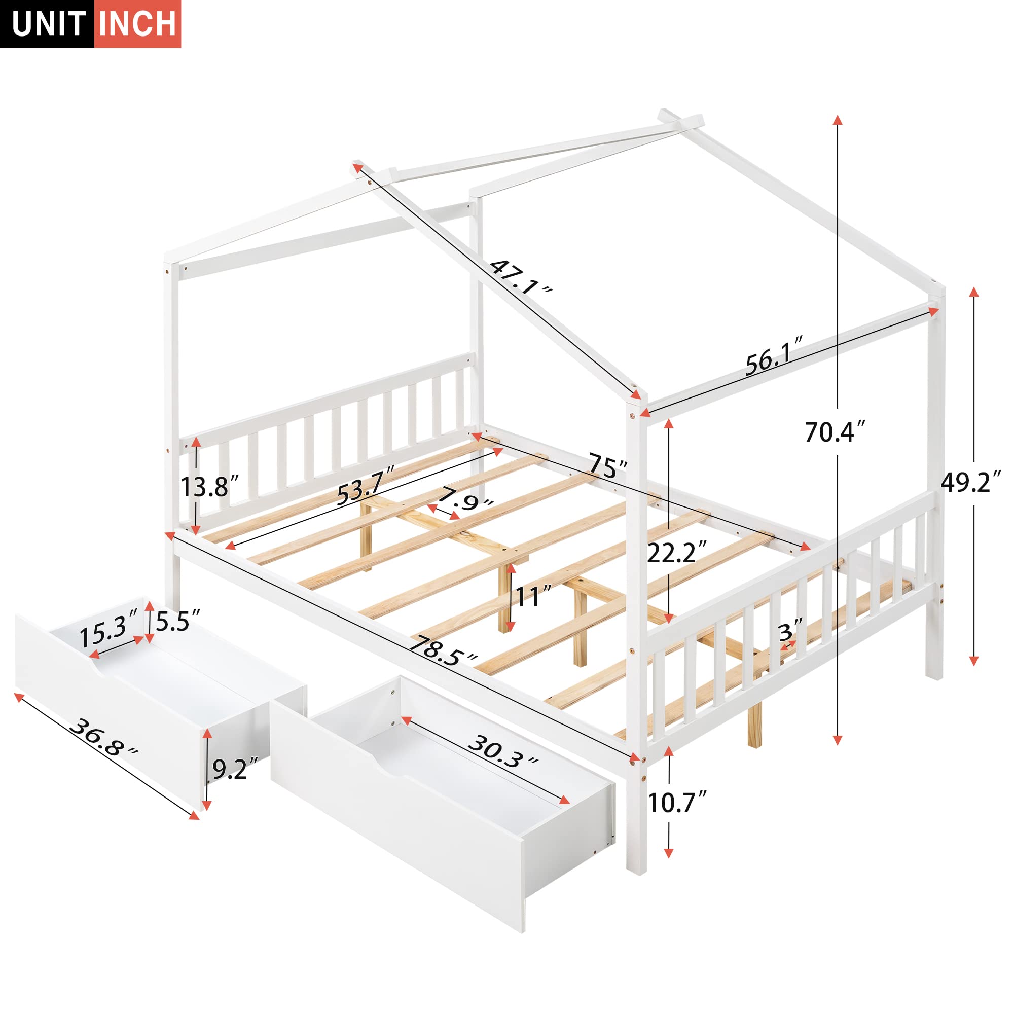 P PURLOVE Full Size House Bed for Kids, Teens,Wood Storage Platform Bed with Drawers, Headboard and Footboard,Playhouse Floor Bed with Roof and Slat, No Box Spring Need