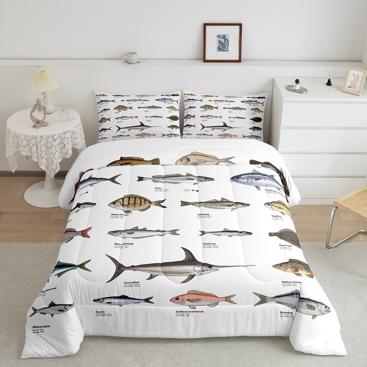 Bass Fish Comforter Set for Boys Girls Farmhouse Fishing and Hunting Theme Bedding Set, Samll Fish Pattern Duvet Insert Big Pike Fishing Quilt Fishing Lures Hook Hunting Quilted Duvet Twin Size