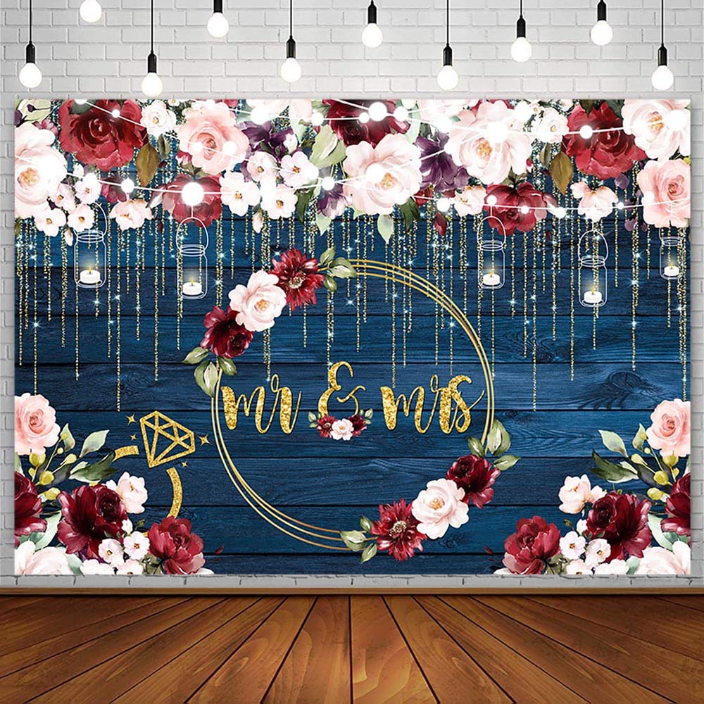 AIBIIN 7x5ft Burgundy Pink Floral Mr & Mrs Engagement Decorations Backdrop for Couples Navy Wood Wedding Bride Groom Engaged Ceremony Anniversary Bridal Shower Photography Background Photo Booth Props