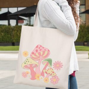 Percozzi 3 Pieces Danish Pastel Canvas Tote Bag Green and Pink Mushroom Shopping Bags Y2K Aesthetic Shoulder Bags for Supplies Gift