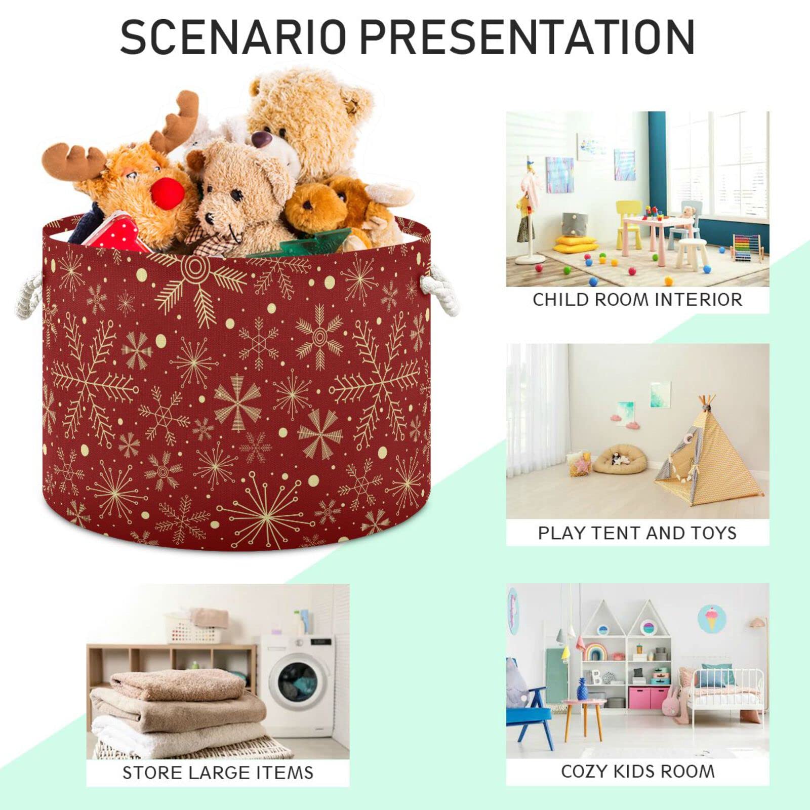 Large Storage Basket Christmas Snowflakes on Dark Red Toy Storage Box Organizer Bins with Handles Laundry Hamper Basket for Home Decor