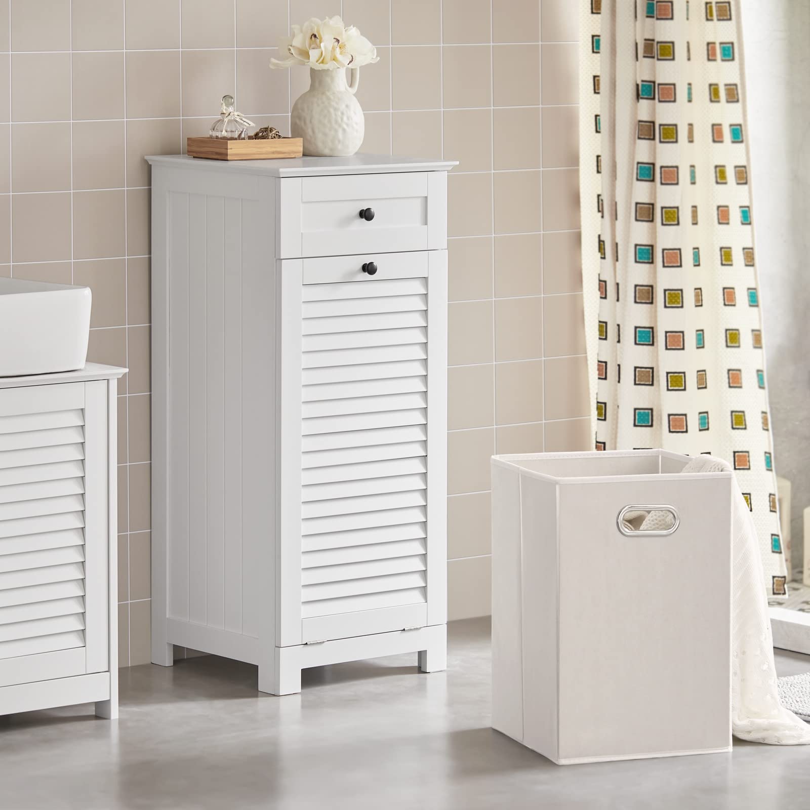 Haotian Bathroom Laundry Cabinet Laundry Chest Bathroom Storage Cabinet with Shutter Door and Laundry Basket, White, BZR73-W