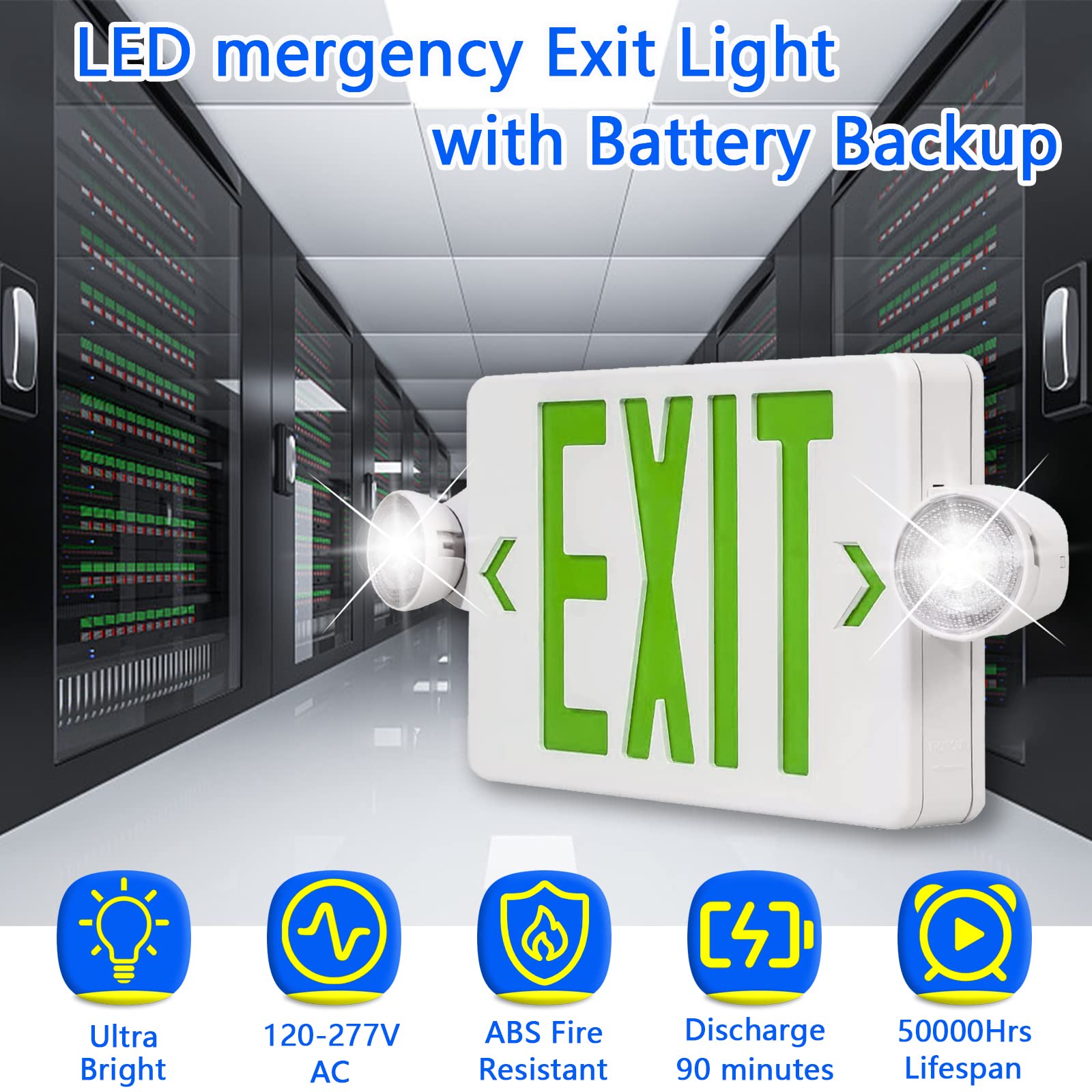 Green LED Exit Sign Emergency Light Combination Adjustable Two Heads and Battery Backup, US Standard Commercial Emergency Exit Lighting, Fire Resistant UL 924 AC 120/277V (4-Pack)