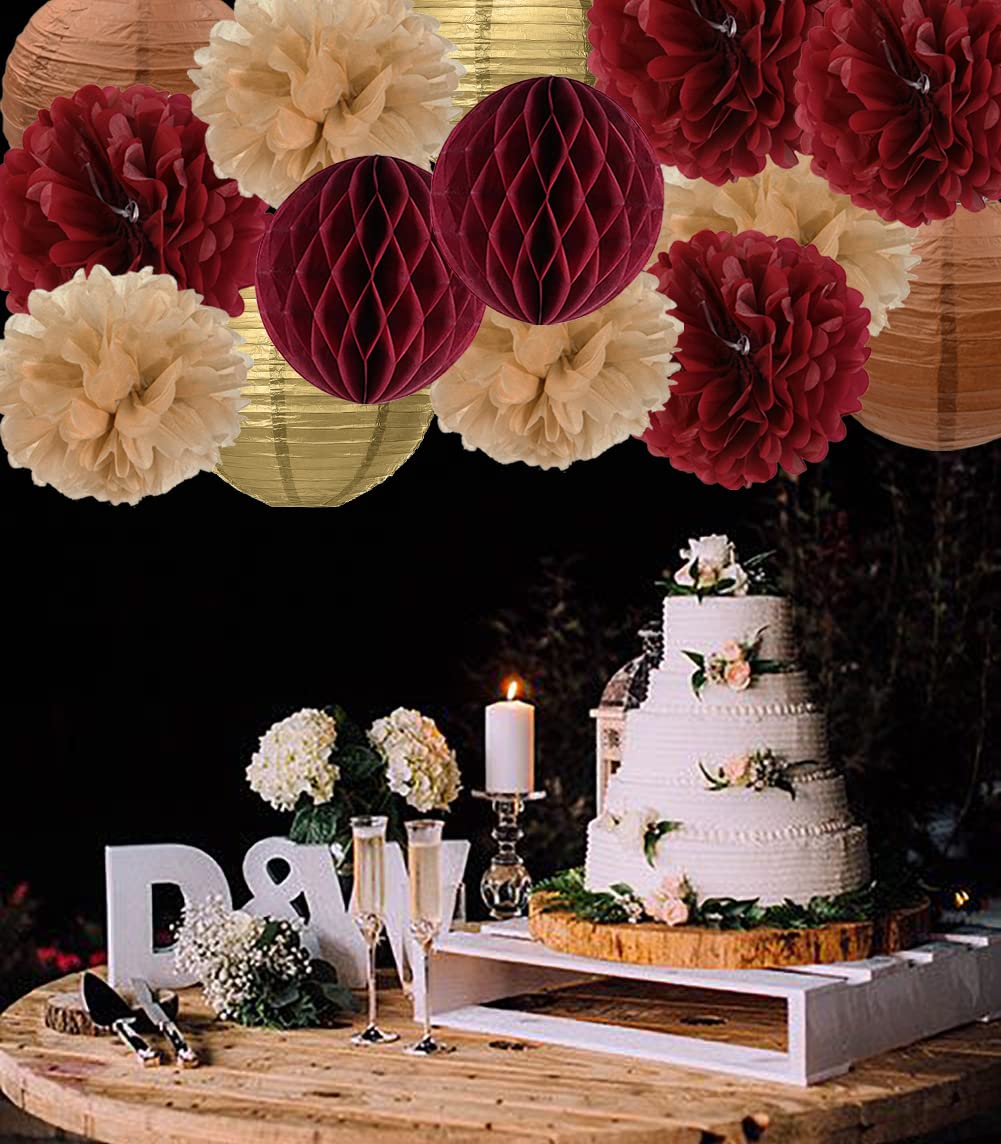 Burgundy Graduation Party Decorations Maroon Party Decorations Tissue Pom Poms Lanterns Honeycomb Balls for Wedding Anniversary Bridal Shower Engagement Bachelorette Party Birthday Party Fall Party