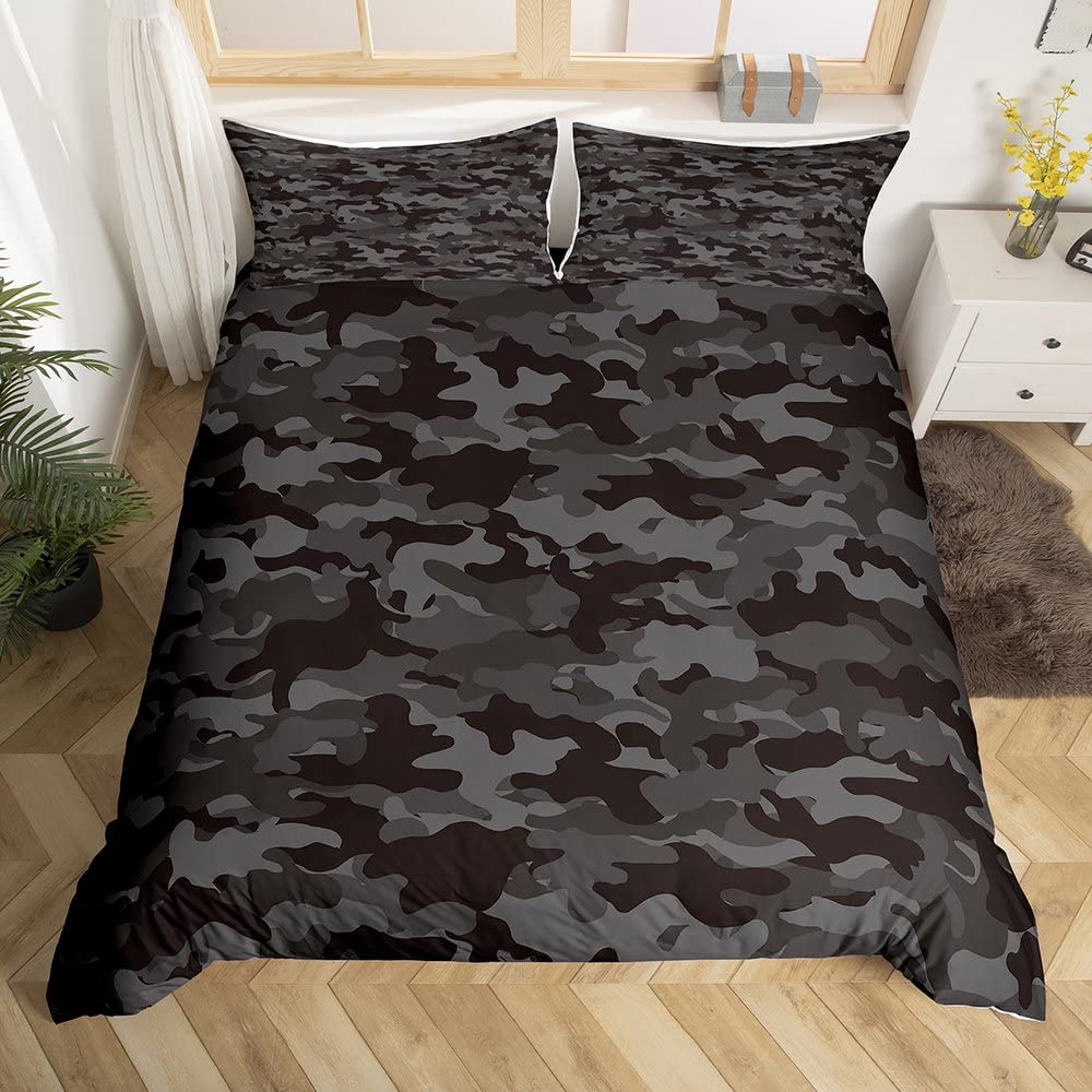 Army Camo Duvet Cover, Black Camouflage Bedding Set For Kids Boys Teens Adult Men, Military Camo Comforter Cover Black Grey Lightweight Bed Cover, 1 Duvet Cover + 2 Pillow Cases, King Size