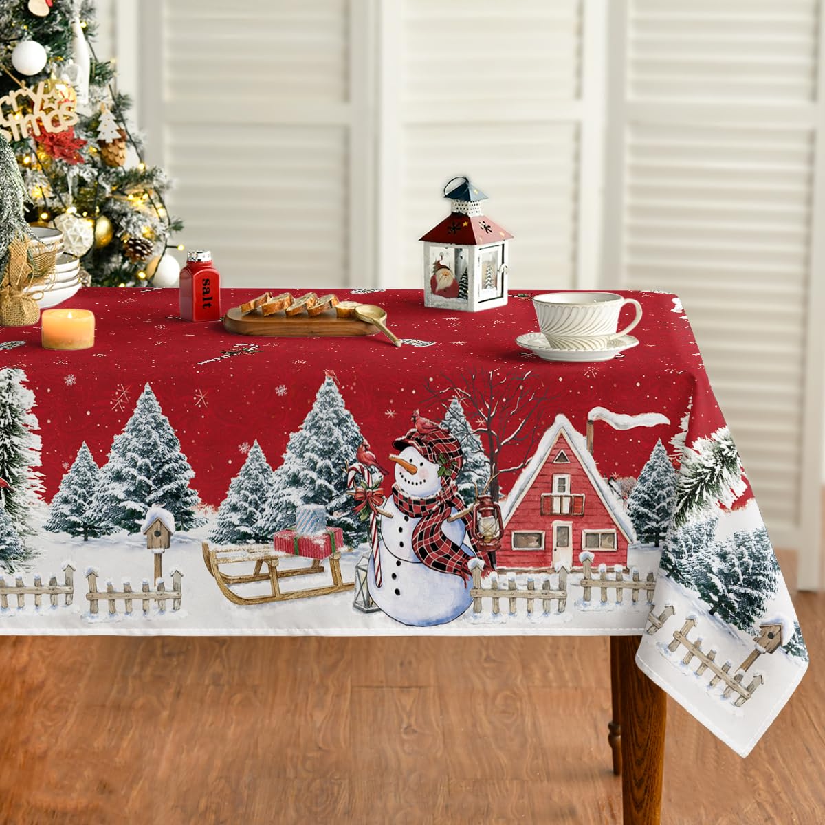 Horaldaily Christmas Tablecloth 60×84 Inch, Winter Snowman House Christmas Trees Red Washable Table Cover for Party Picnic Dinner Decor