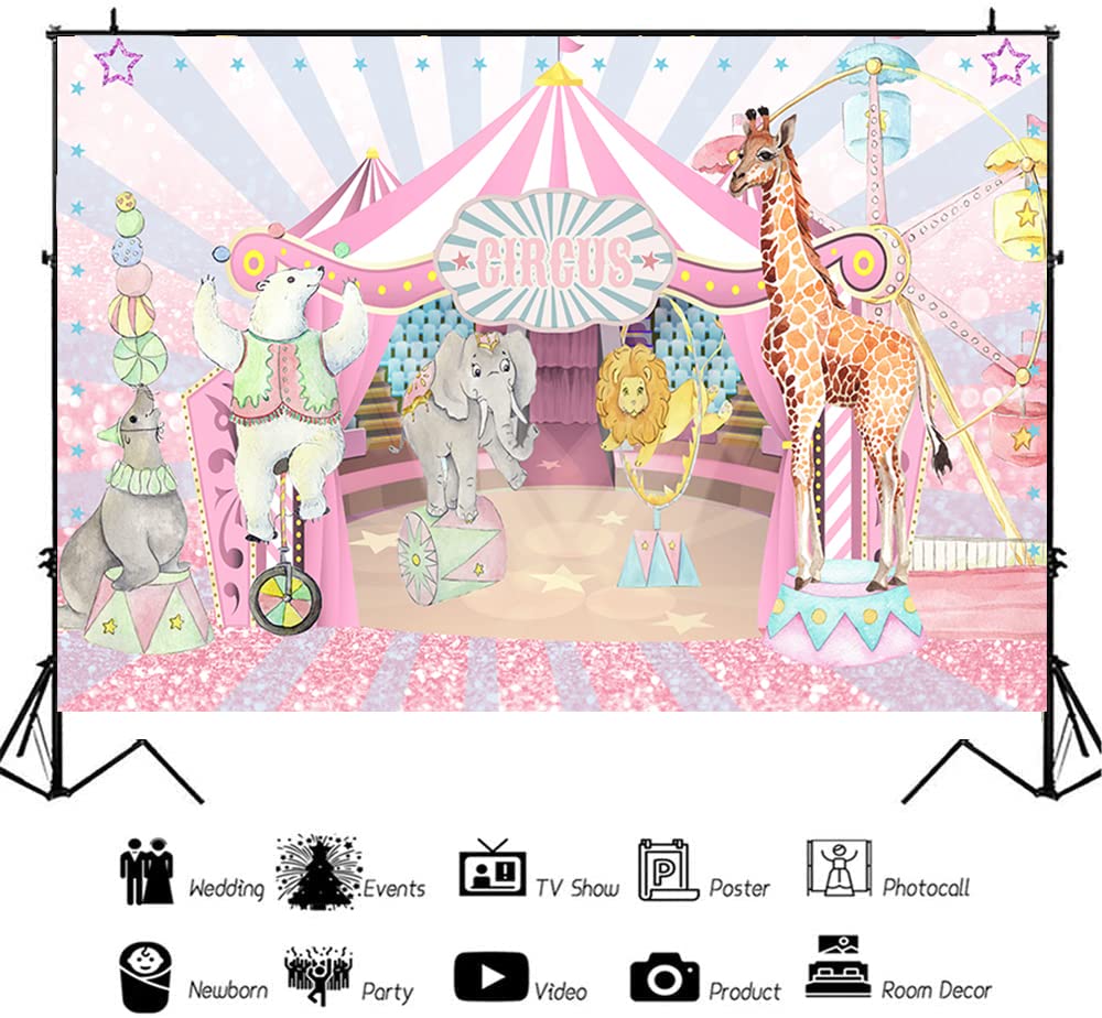 Withu Pink Circus Backdrop Big Top Tent Animals Carnival Kids Girl Birthday Party Dessert Candy Cake Table Decor Baby Shower Banner Photo Photography Background