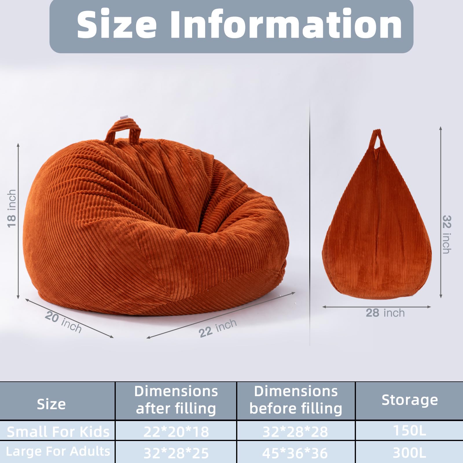 Large Stuffed Animal Storage Bean Bag Chair （No Filler）, 3 ft Giant Heavy Soft Corduroy Bean Bag Cover for Kids Teens & Adults，Round Fluffy Sofa for Home Living Room ，Coffee Chair