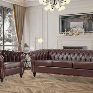 Vaztrlus Brown Leather Sectional Chesterfield Sofa Set, Luxury Couch for Living Room, Comfy Deep-Seat 3-Seater Couch and Chair Set for Bedroom, Office, or Apartment. Tool-Free 2-Piece Assembly.