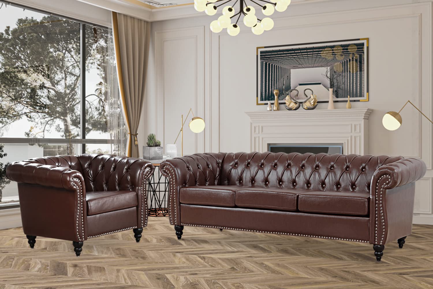 Vaztrlus Brown Leather Sectional Chesterfield Sofa Set, Luxury Couch for Living Room, Comfy Deep-Seat 3-Seater Couch and Chair Set for Bedroom, Office, or Apartment. Tool-Free 2-Piece Assembly.