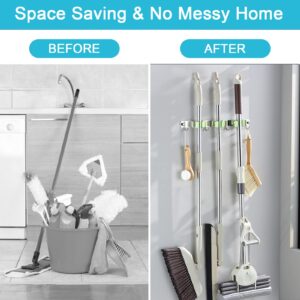 Broom Mop Holder Wall Mount, Garage Organization Tool Organizer Storage Broom Closet Kitchen Organization Heavy Duty Garage Tools Hanger with 3 Racks 4 Hooks for Home Kitchen Garden Laundry Room