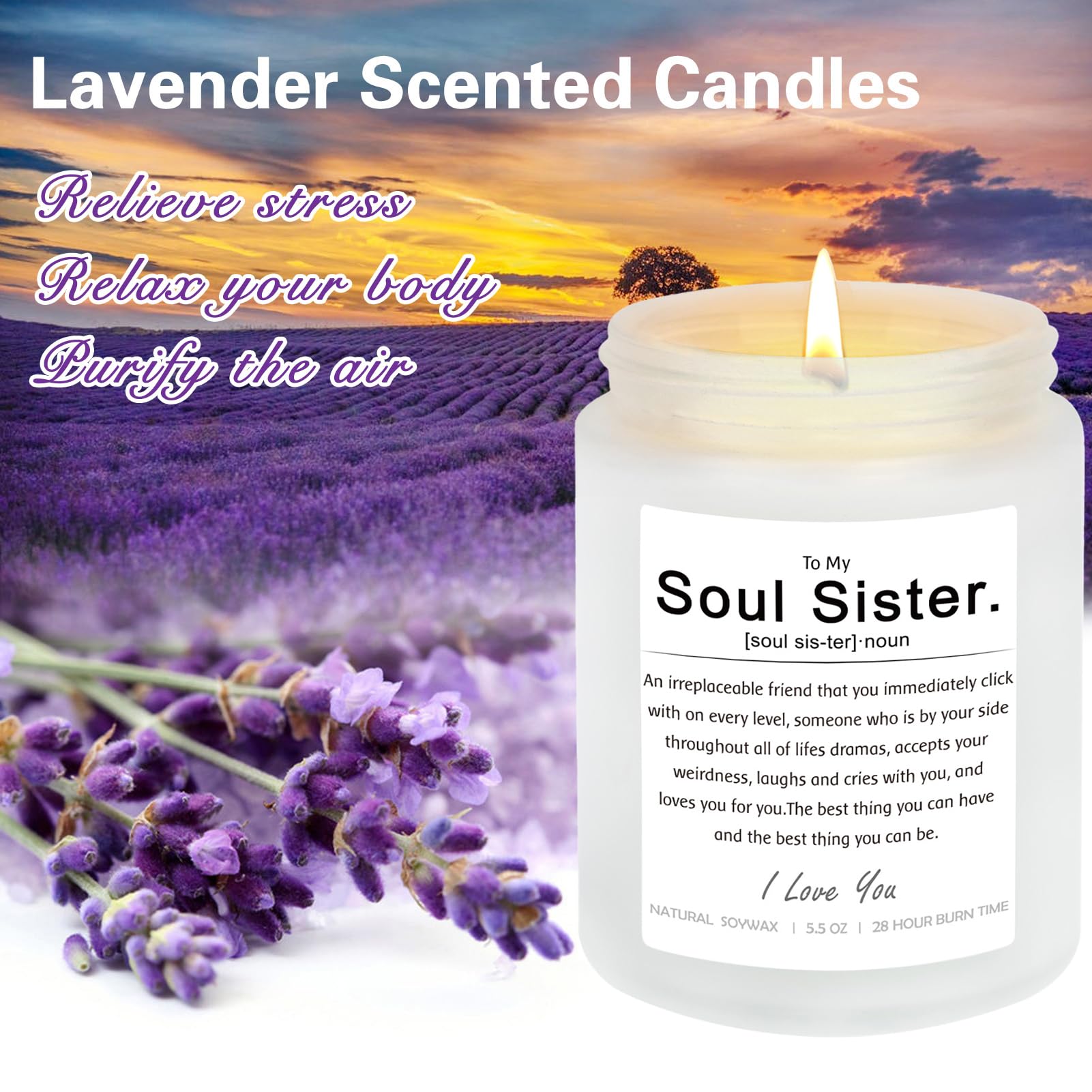 LUCKYBUNNY Soul Sister Candles Gifts, 5.5 Oz Lavender Scented Soy Candles, Best Friend Gift, Friendship Gift for Her, Funny Birthday Gift for Bestie, Sister, Friends Female