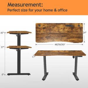 Adjustable Standing Desk, 55'' x 24'' Electric Height adjustable desk, Ergonomic Home Office Stand up Desk with Wheels, Outlets and Splice Board,2 USB Ports,3 Power Outlets,4 Caster(Brown Arc)