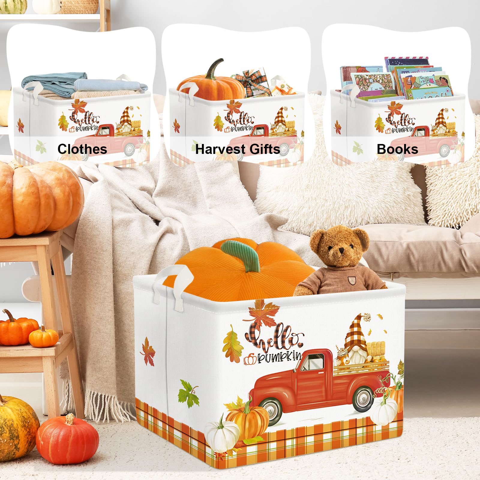 Clastyle Pumpkin Gift Fall Basket Empty Foldable Clothes Toy Bin Thanksgiving Storage Basket Large Gnome Truck Book Shelf Basket Rectangular Orange Bull Plaid Harvest Basket