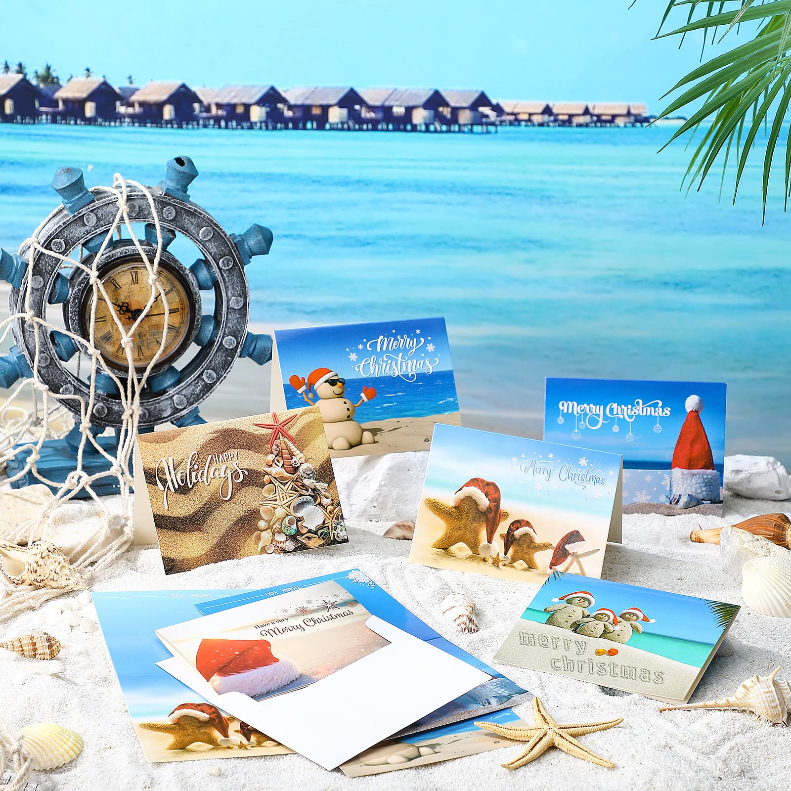 Spiareal 24 Sets Merry Christmas Greeting Cards Christmas Cards with Envelopes and Stickers Tropical Beach Blank Christmas Cards Xmas Thank You Cards for Christmas Holiday Present