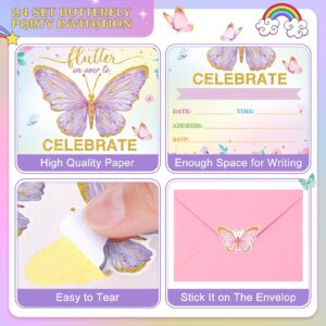 24 Pcs Birthday Butterfly Invitations Butterfly Birthday Party Invitations with Envelopes Floral Butterfly Invitation Cards Stickers for Butterfly Party Birthday Baby Shower Wedding Decor (Purple)