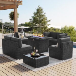 LayinSun 8 Piece Patio Furniture Set with 44" Propane Gas Fire Pit Table, Outdoor Sectional Conversation Set Wicker Rattan Sofa Set with Coffee Table