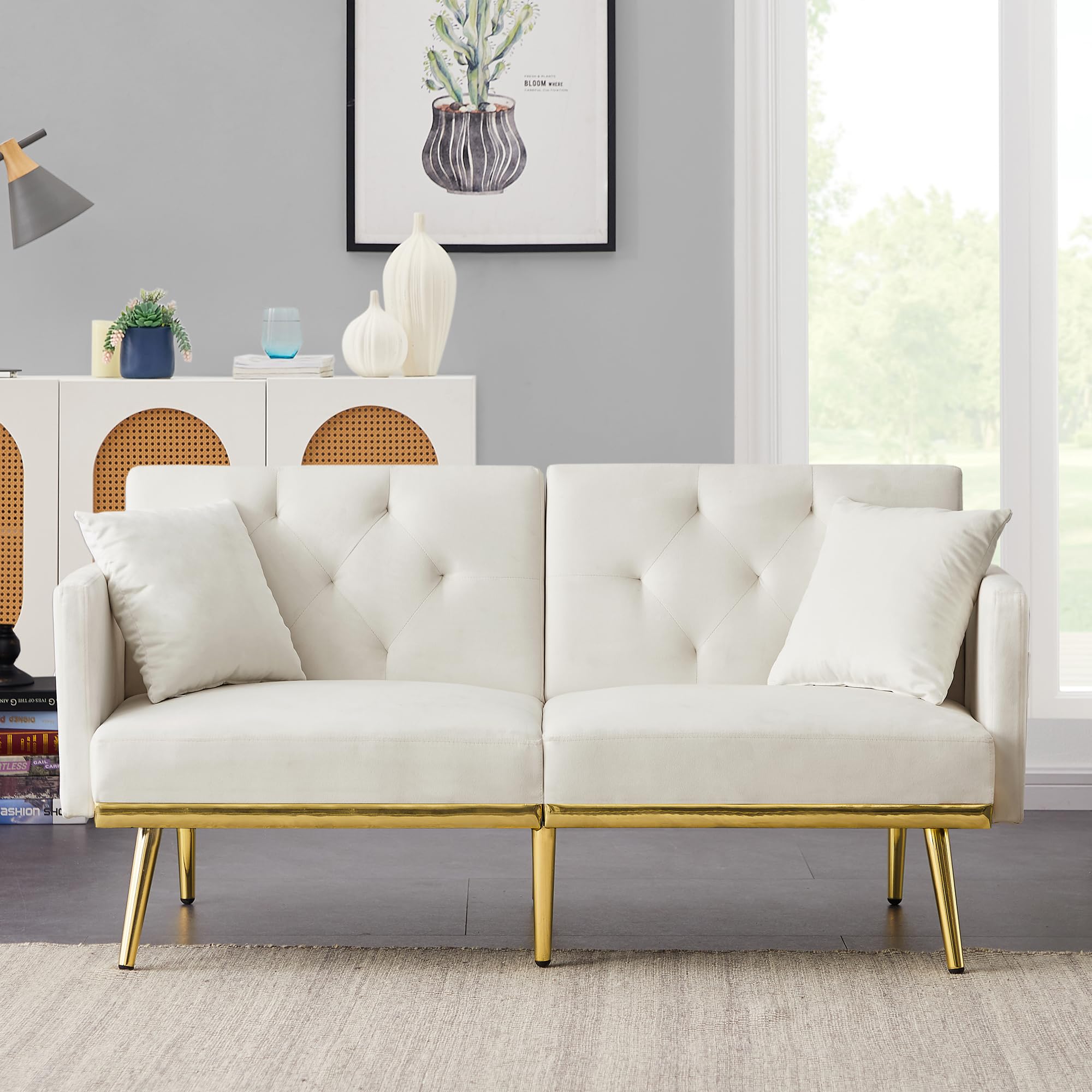 SEVENWOOD Velvet Convertible Loveseat Sleeper Sofa Bed for Small Spaces, Small Sofa Bed Couch with 3 Adjustable Backrest and 6 Gold Metal Legs for Living Room. (Off-White)