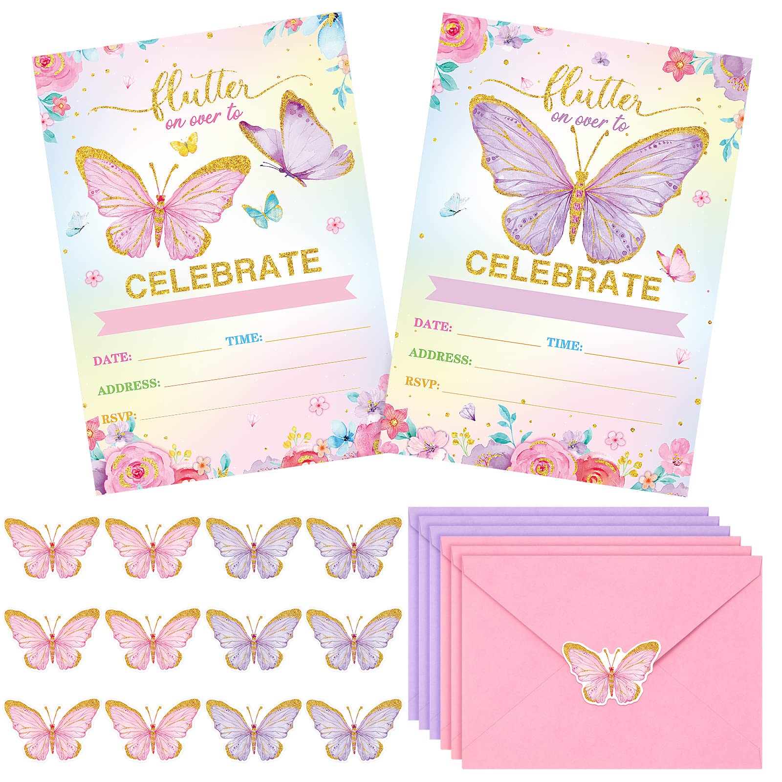 24 Pcs Birthday Butterfly Invitations Butterfly Birthday Party Invitations with Envelopes Floral Butterfly Invitation Cards Stickers for Butterfly Party Birthday Baby Shower Wedding Decor (Purple)