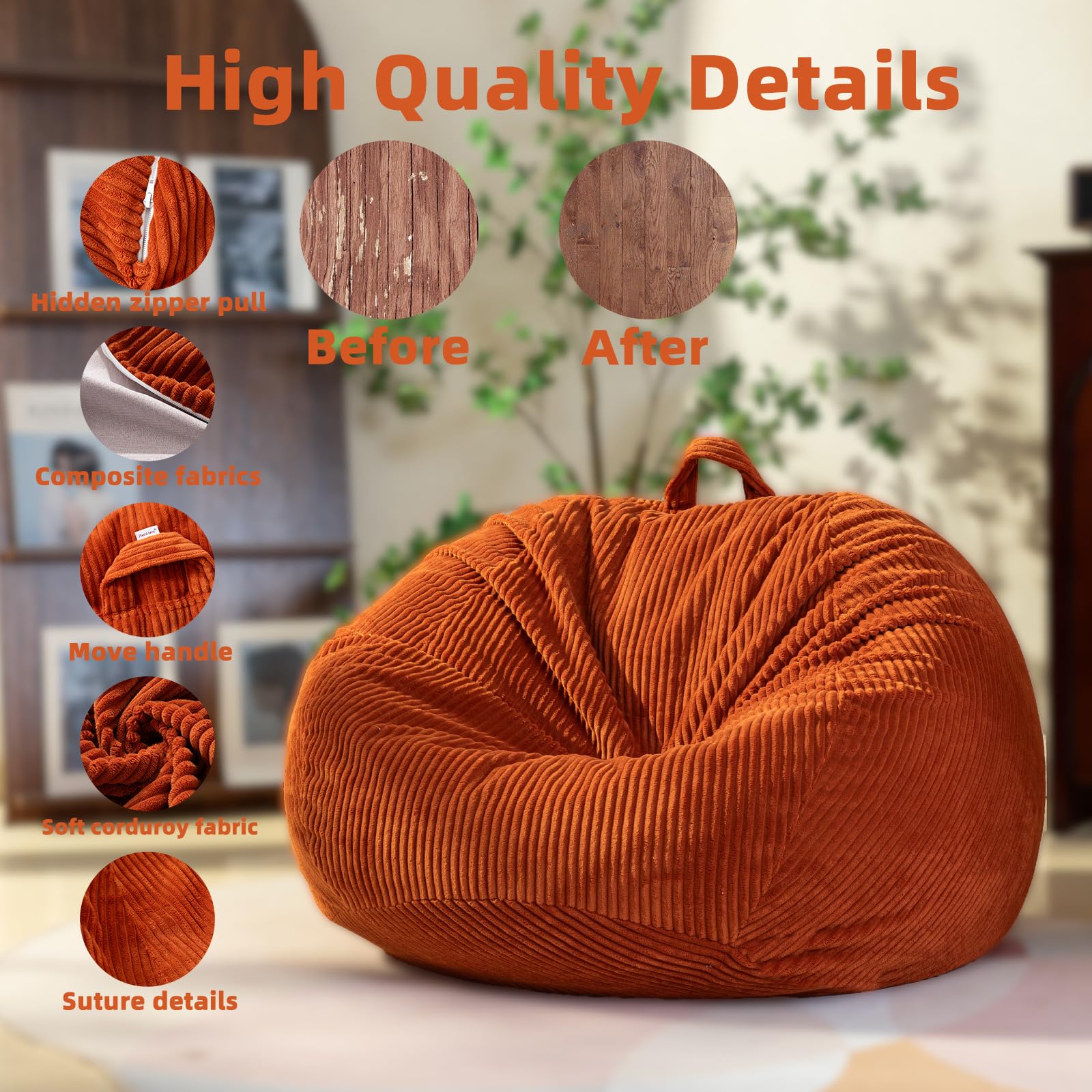 Large Stuffed Animal Storage Bean Bag Chair （No Filler）, 3 ft Giant Heavy Soft Corduroy Bean Bag Cover for Kids Teens & Adults，Round Fluffy Sofa for Home Living Room ，Coffee Chair