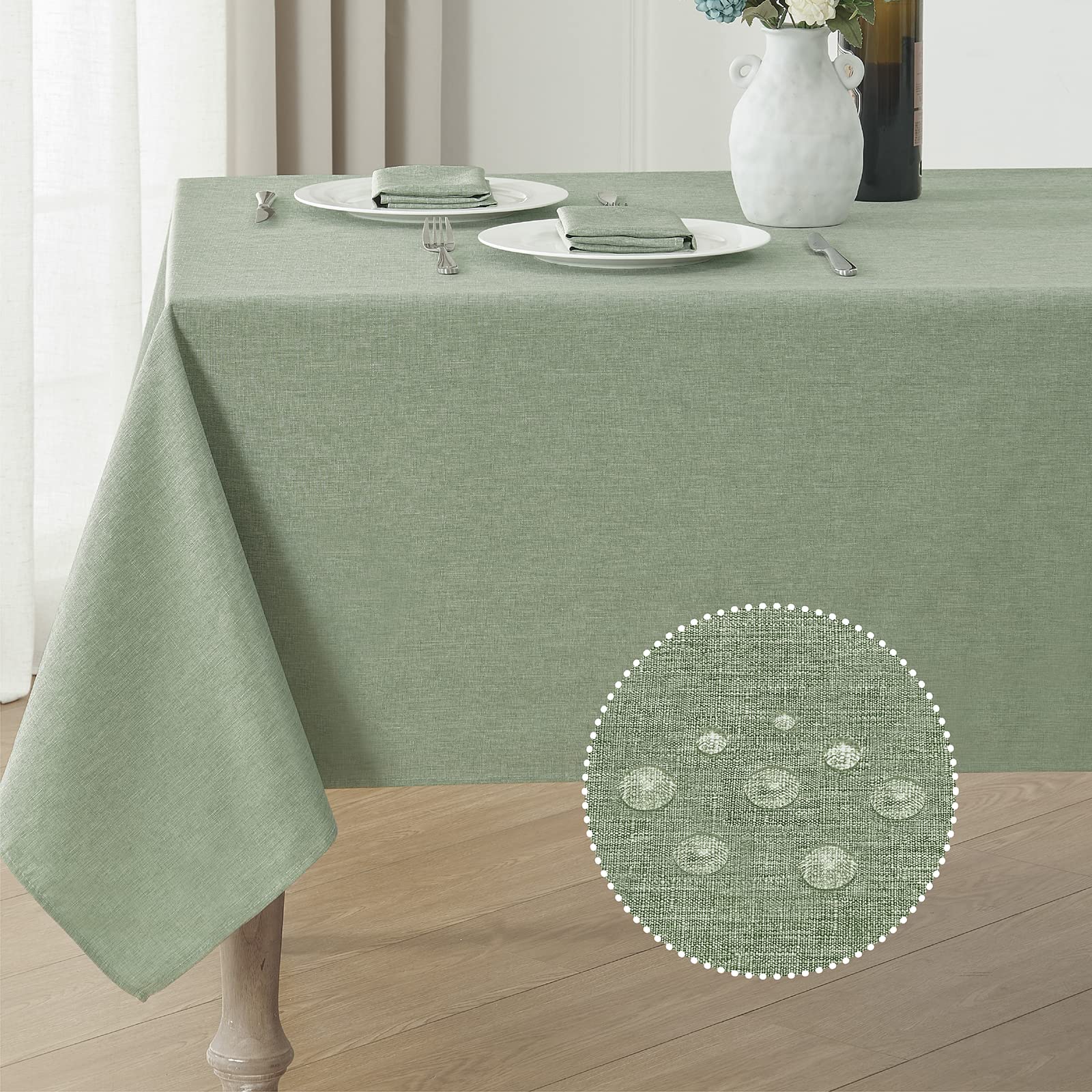 Veblandy Rectangle Tablecloth Linen Textured Waterproof & Stain Resistant Table Cloth Wrinkle Free Decorative Fabric Farmhouse Table Cover for Dining/Party/Buffet/Wedding, 52 x 70 Inch, Sage Green