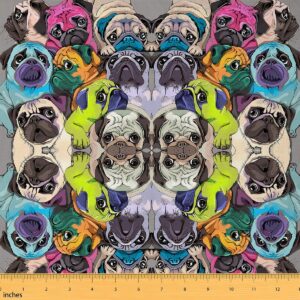 colorful pugs fabric by the yard, cute dog upholstery fabric, cartoon pet animals decorative fabric, hippie kawaii puppy graffiti kids waterproof fabric for upholstery and home accents, 1 yard