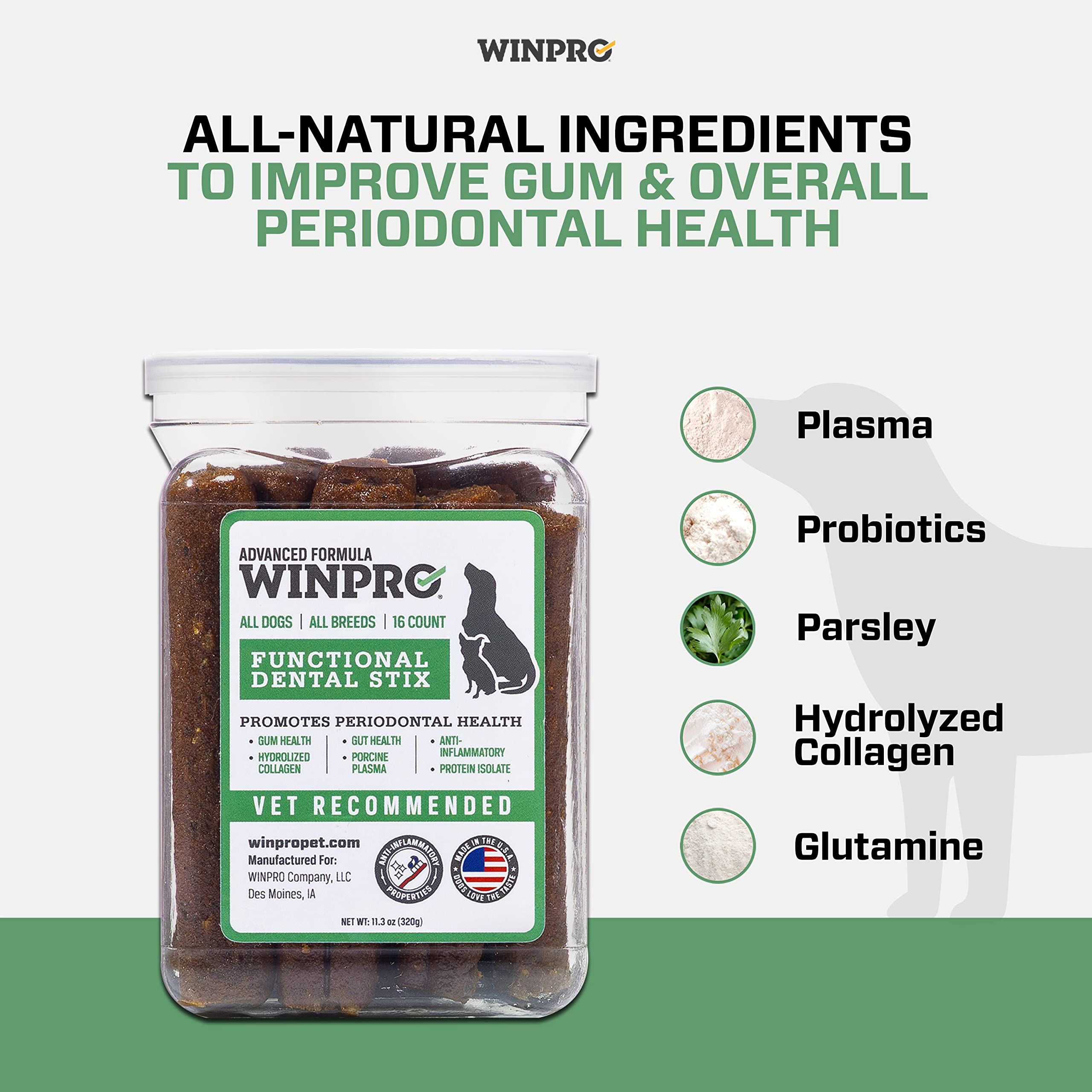 WINPRO Pet Functional Dental Stix for Dogs, 16 Sticks, Plasma Powered Dental Dog Chew Sticks That Promotes Gum and Peridontal Health