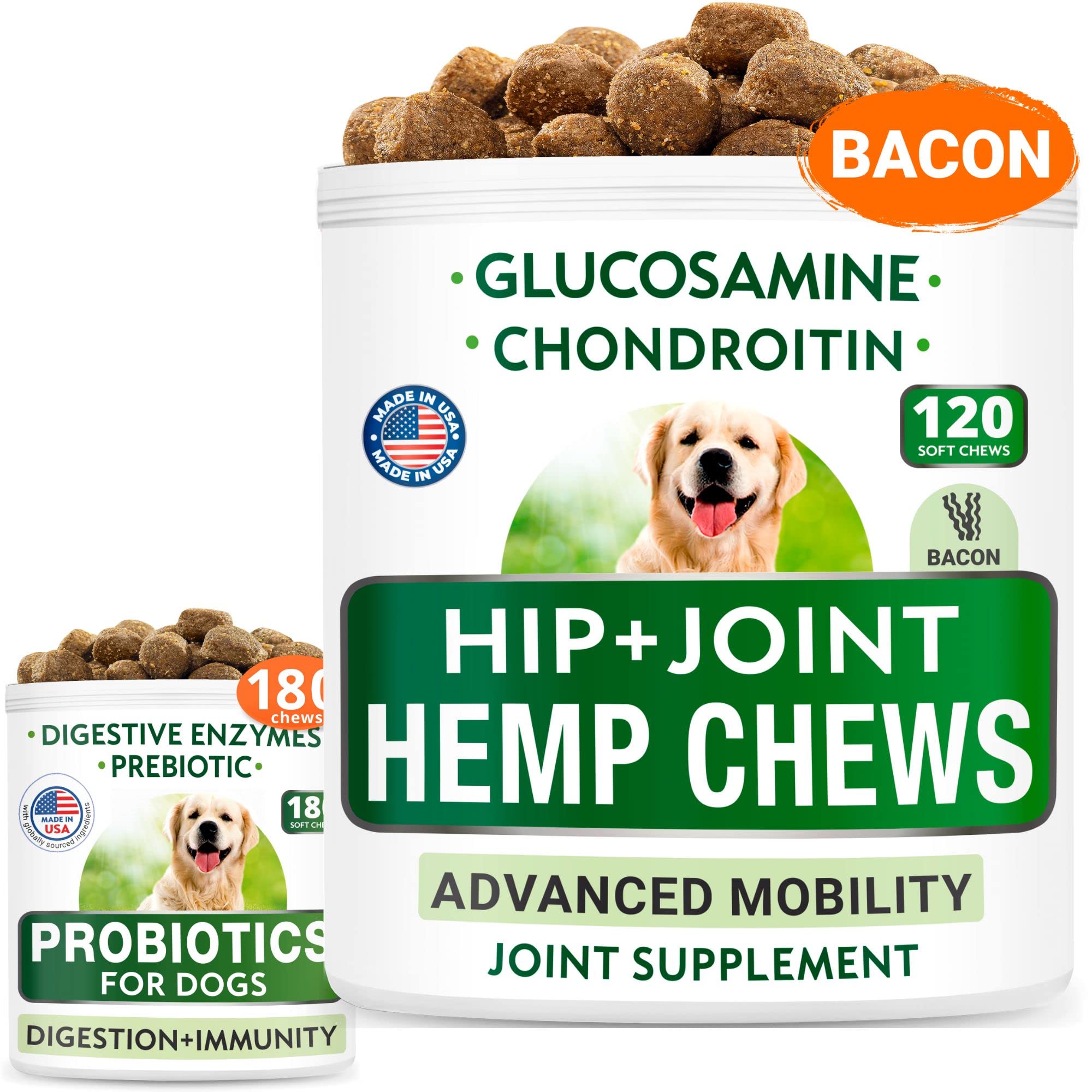 Hemp + Glucosamine + Probiotics Bundle - Joint Pain Relief + Upset Stomach Relief - Hemp Oil, Chondroitin w/MSM, Omega 3 + Digestive Enzymes, Prebiotics - Improve Digestion, Immunity - 120 +180 Chews