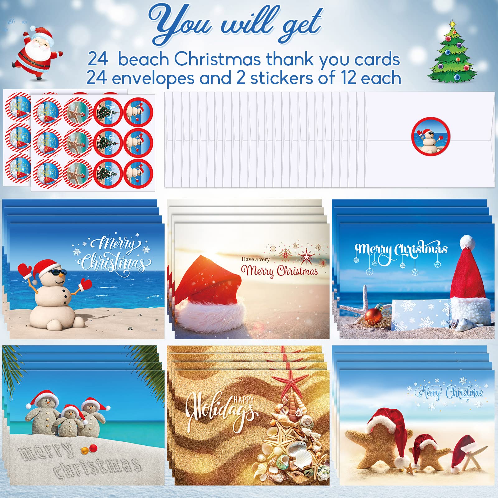 Spiareal 24 Sets Merry Christmas Greeting Cards Christmas Cards with Envelopes and Stickers Tropical Beach Blank Christmas Cards Xmas Thank You Cards for Christmas Holiday Present