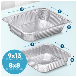 Disposable Aluminum Pans With Lids, 9x13 (10pc) And 8x8 Square (10pc) Combo Set, Disposable Baking and Cake Pan (Pack of 20)