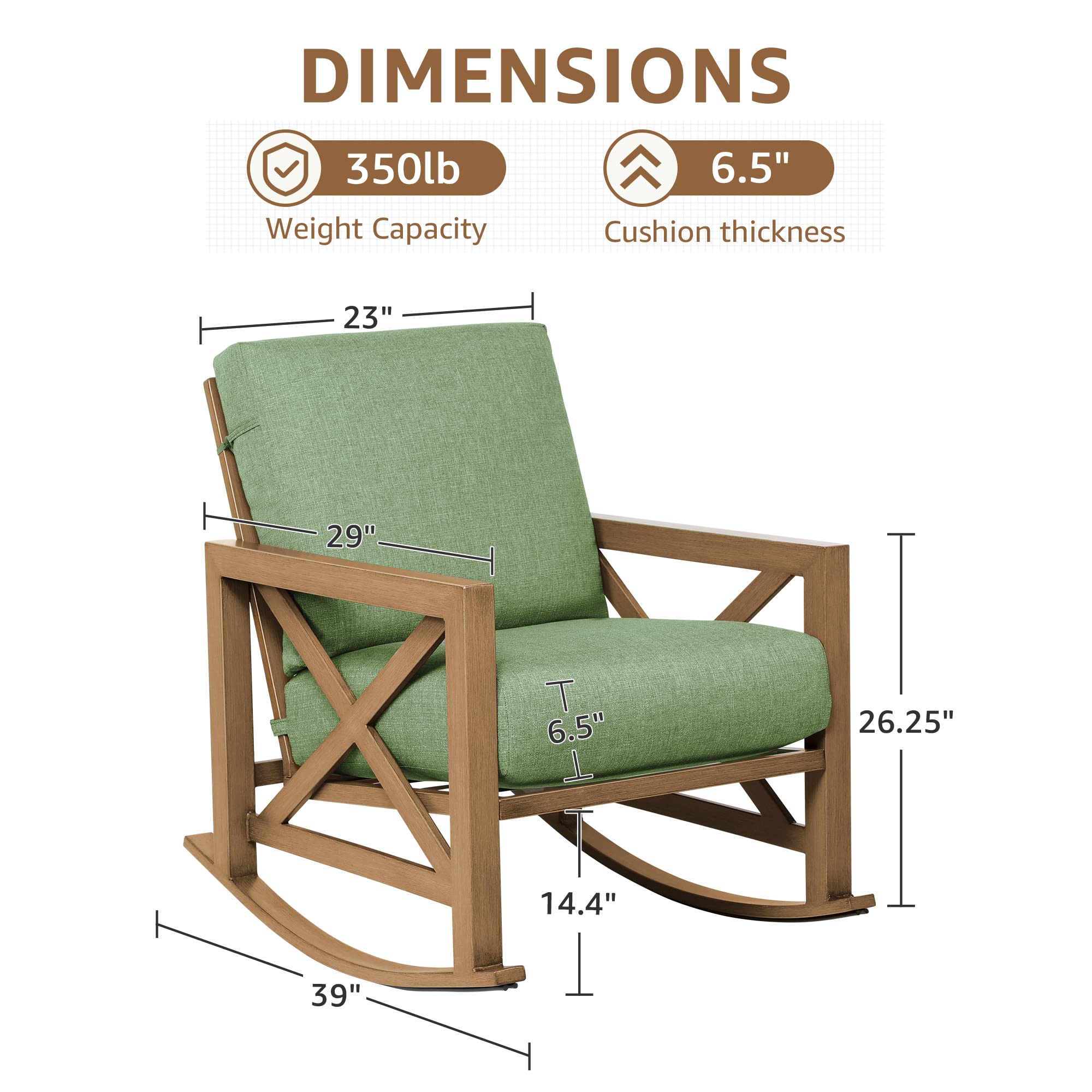 NATURAL EXPRESSIONS Outdoor Patio Rocking Chair, Metal Rocker Chair with 6.5'' Extra Thick Olefin Cushions, Rocking Lawn Chair Rustproof Steel Frame for Backyard,Porch,Poolside