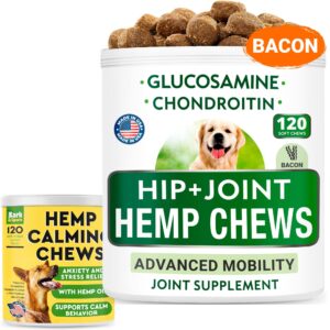 hemp + glucosamine + calming treats for dogs bundle - joint pain relief + anxiety relief - hemp oil + chondroitin, w/msm + omega 3 - hip & joint supplement + stress relief - 240 chews - made in usa