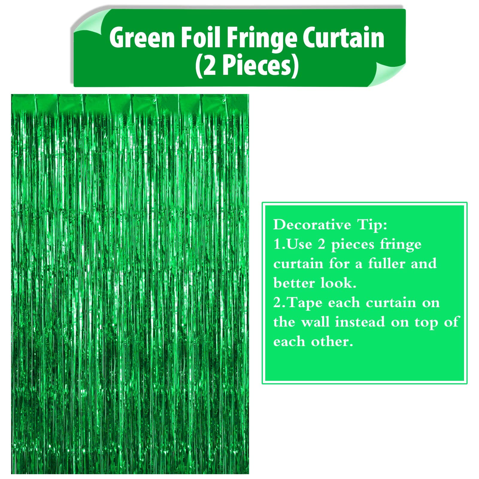 Green Fringe Curtains Backdrops 2 Pack, Foil Fringe Curtains Door Streamers for Birthday Wedding Bridal Shower Holiday Graduation Party Decorations