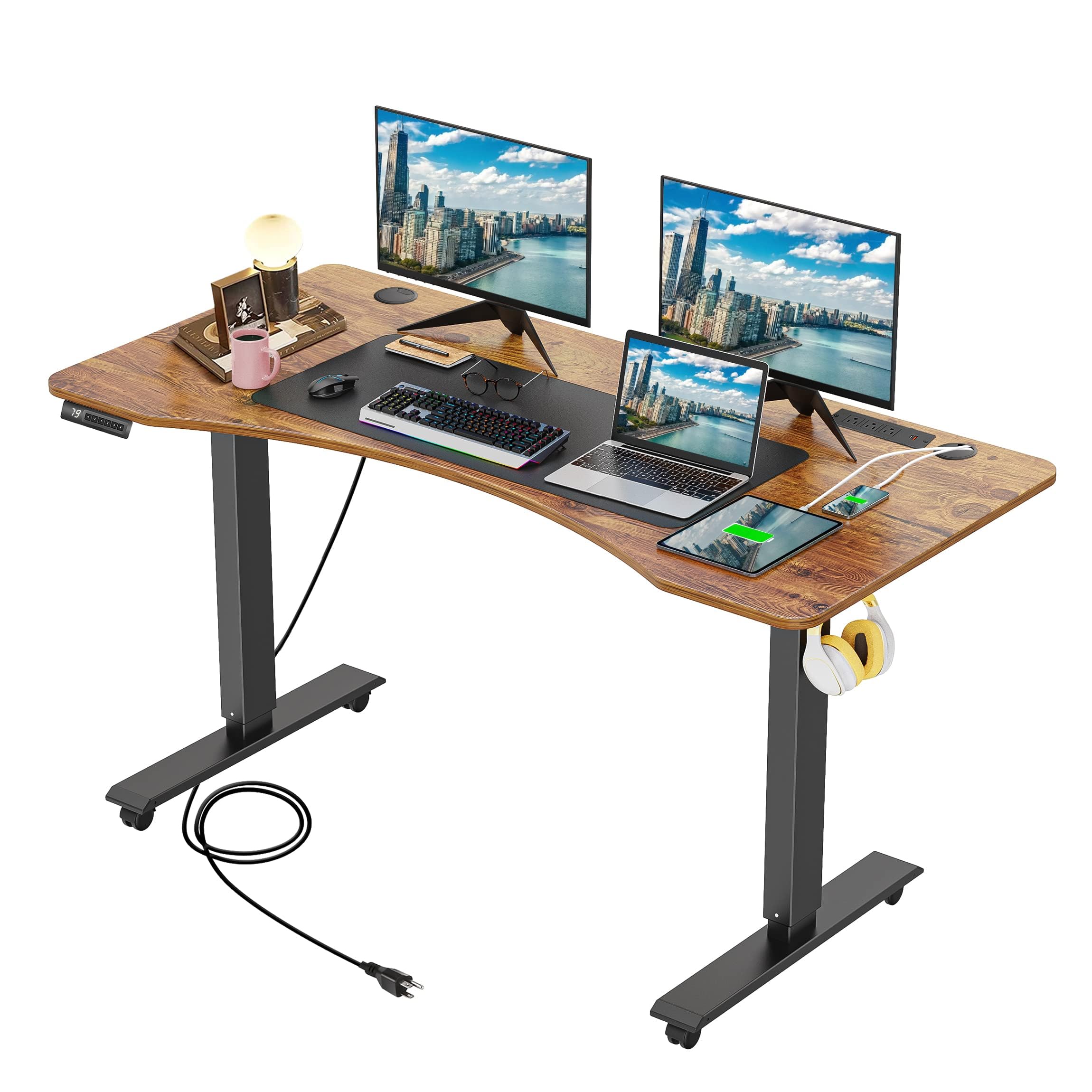 Adjustable Standing Desk, 55'' x 24'' Electric Height adjustable desk, Ergonomic Home Office Stand up Desk with Wheels, Outlets and Splice Board,2 USB Ports,3 Power Outlets,4 Caster(Brown Arc)