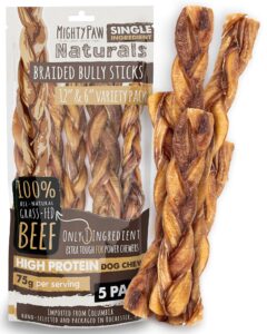 mighty paw braided bully sticks for large dogs (5 pack) | large bully sticks. best dog bully sticks for medium dogs. twisted treats for all breeds. odor free bully sticks. thick 12” & 6” variety pack