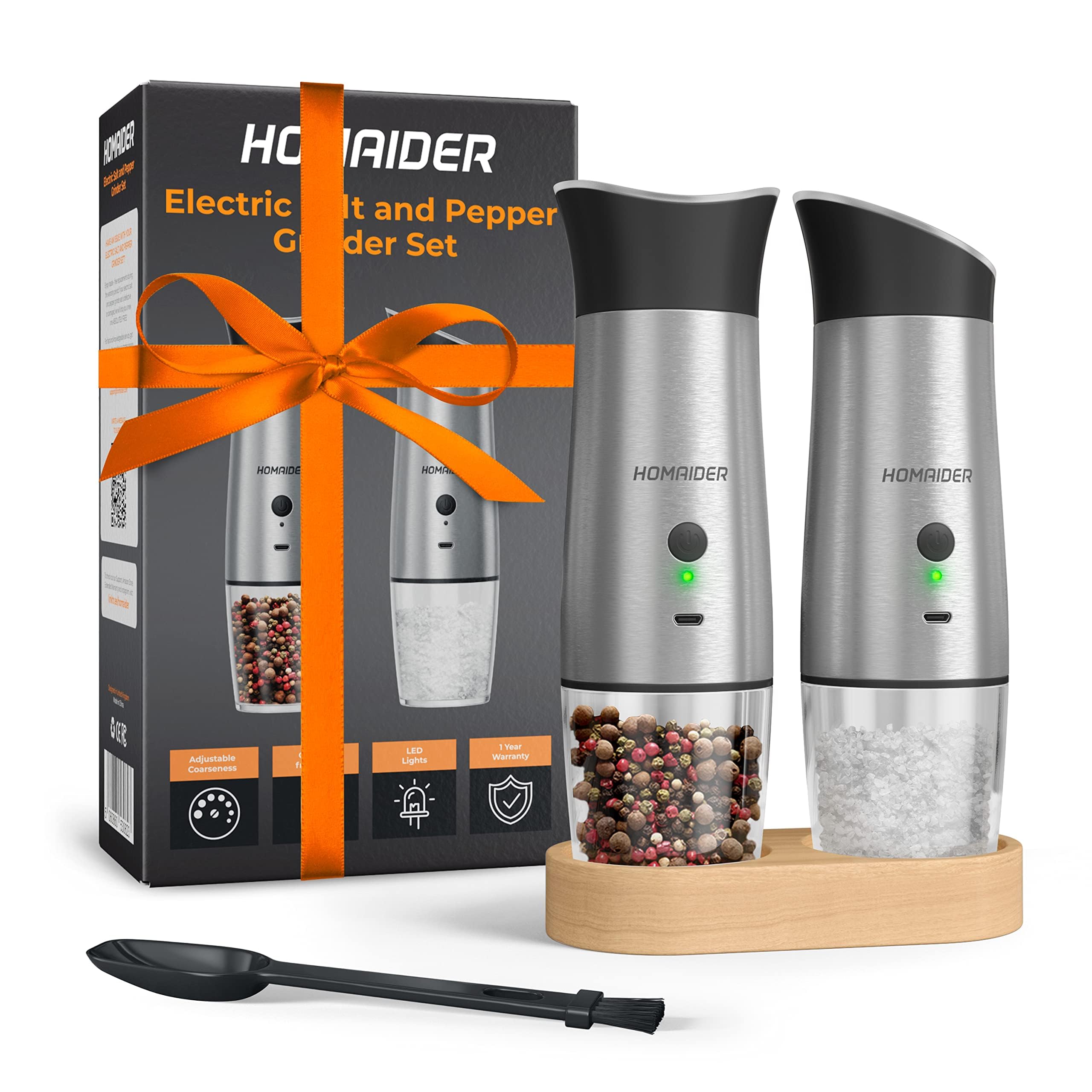 Homaider Electric Salt and Pepper Grinder Set Rechargeable & Automatic - for Spices, Salt and Pepper - Wooden Stand, Brush, LED Lights, x2 Charging Cables and Adjustable Coarseness - Set of 2