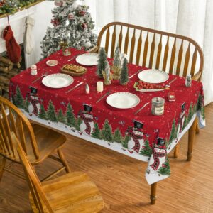 Horaldaily Christmas Tablecloth 60×84 Inch, Winter Snowman Trees Red Washable Table Cover for Party Picnic Dinner Decor