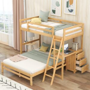 Bellemave Twin Over Full Bunk Bed with Desk and Storage Drawers Wood Convertible Loft Beds Can Be Separated into 2 Kids Bunked Frame for Girls Boys Teens, Natural