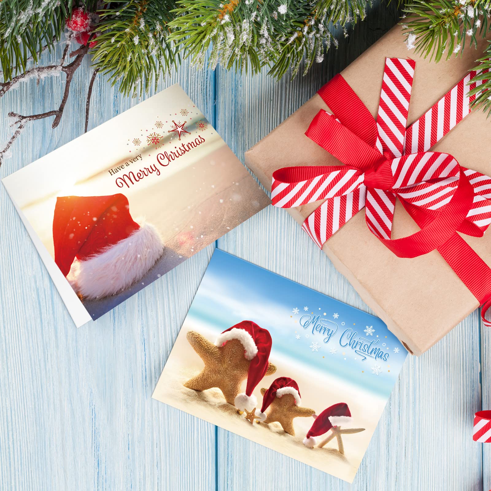 Spiareal 24 Sets Merry Christmas Greeting Cards Christmas Cards with Envelopes and Stickers Tropical Beach Blank Christmas Cards Xmas Thank You Cards for Christmas Holiday Present