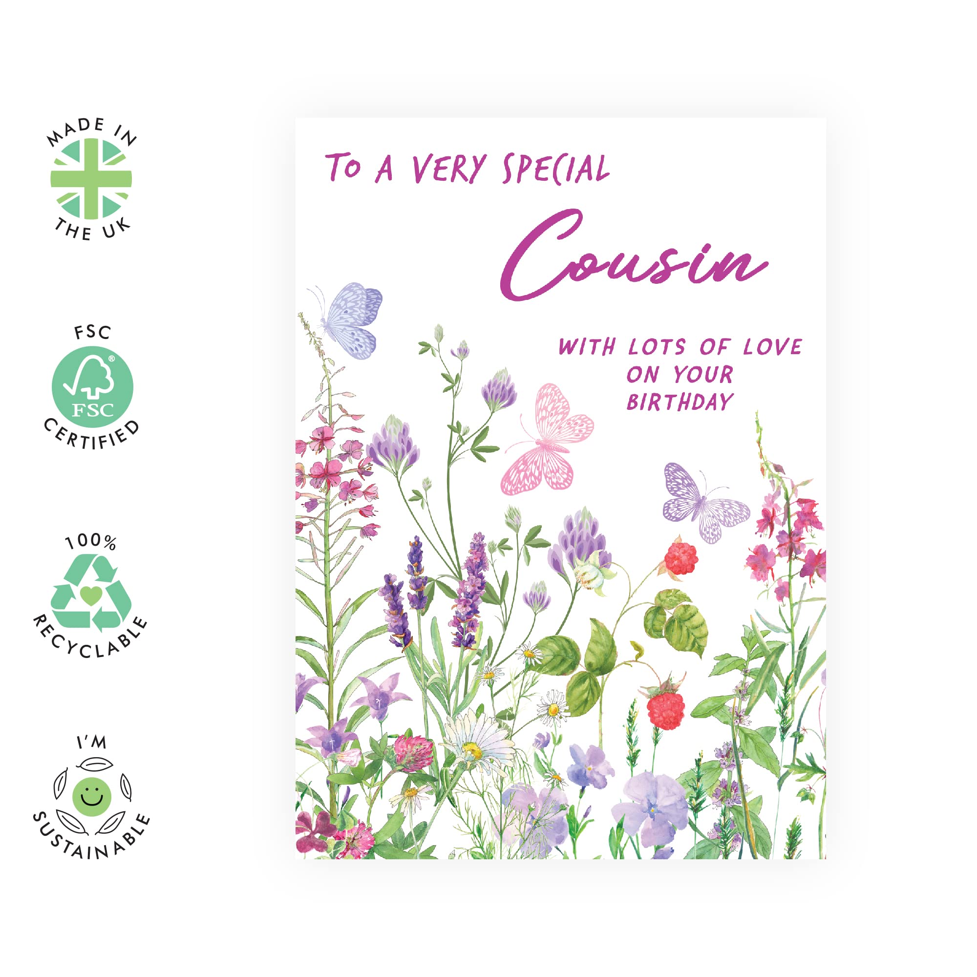 CENTRAL 23 Sweet Birthday Card for Her - 'To A Very Special Cousin' - Floral Greeting Card for Female - Flowers & Butterfly - Cousin Birthday Card - Comes with Stickers