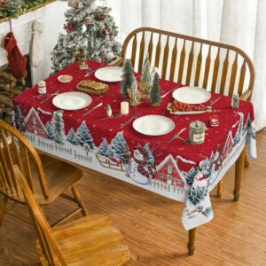 Horaldaily Christmas Tablecloth 60×84 Inch, Winter Snowman House Christmas Trees Red Washable Table Cover for Party Picnic Dinner Decor