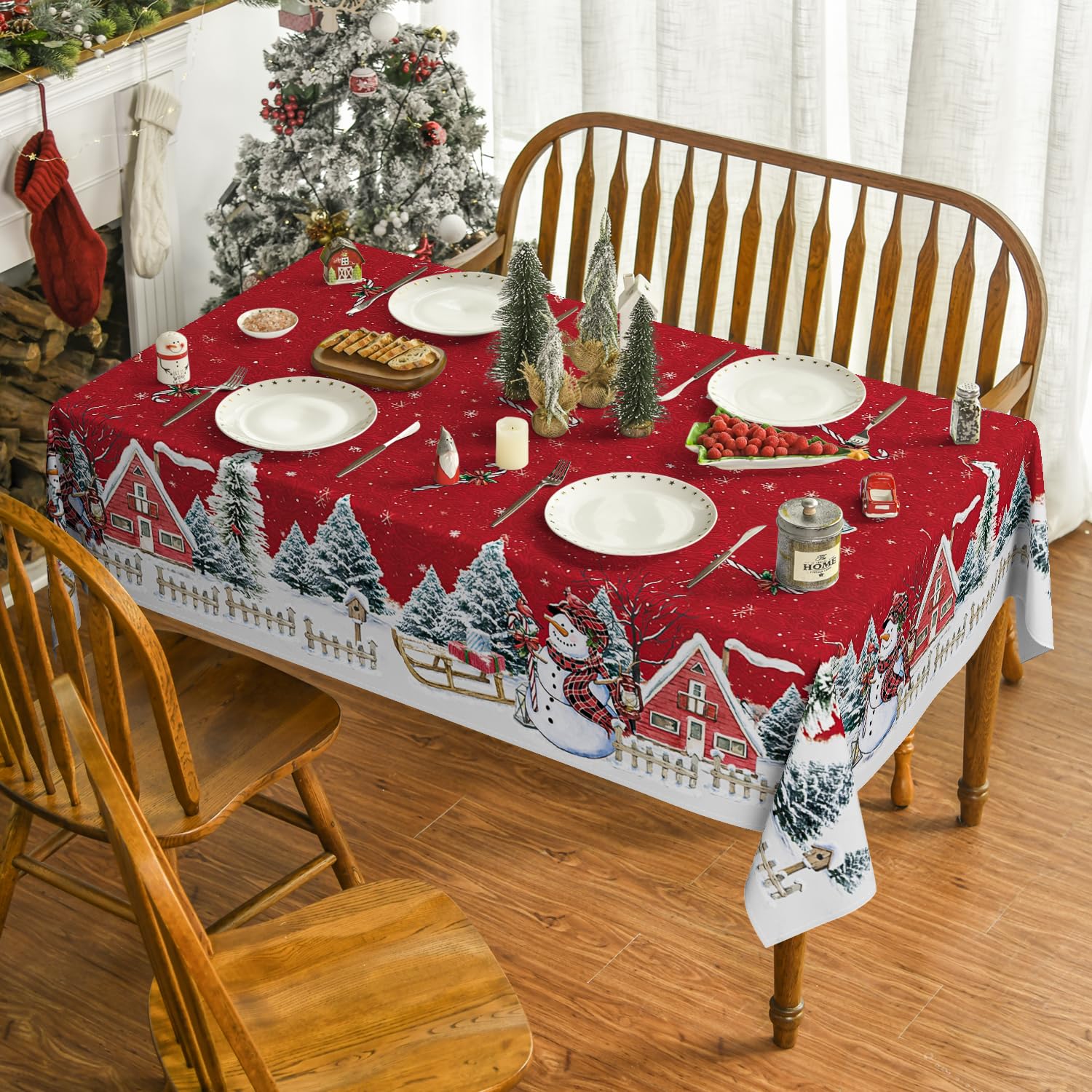 Horaldaily Christmas Tablecloth 60×84 Inch, Winter Snowman House Christmas Trees Red Washable Table Cover for Party Picnic Dinner Decor