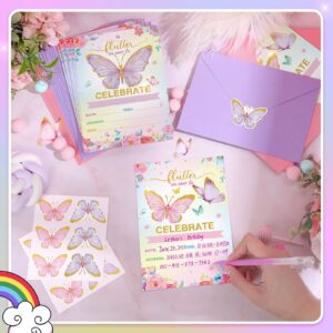 24 Pcs Birthday Butterfly Invitations Butterfly Birthday Party Invitations with Envelopes Floral Butterfly Invitation Cards Stickers for Butterfly Party Birthday Baby Shower Wedding Decor (Purple)