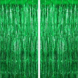 green fringe curtains backdrops 2 pack, foil fringe curtains door streamers for birthday wedding bridal shower holiday graduation party decorations