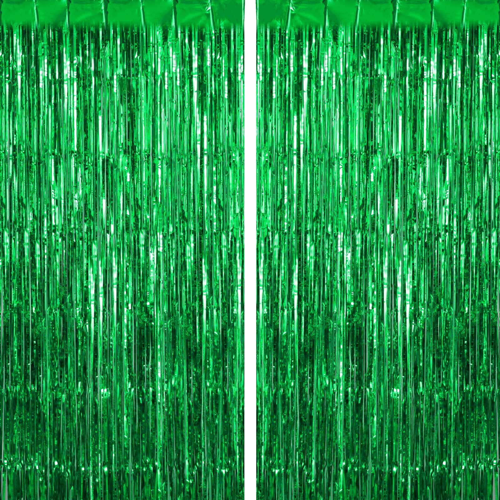 Green Fringe Curtains Backdrops 2 Pack, Foil Fringe Curtains Door Streamers for Birthday Wedding Bridal Shower Holiday Graduation Party Decorations