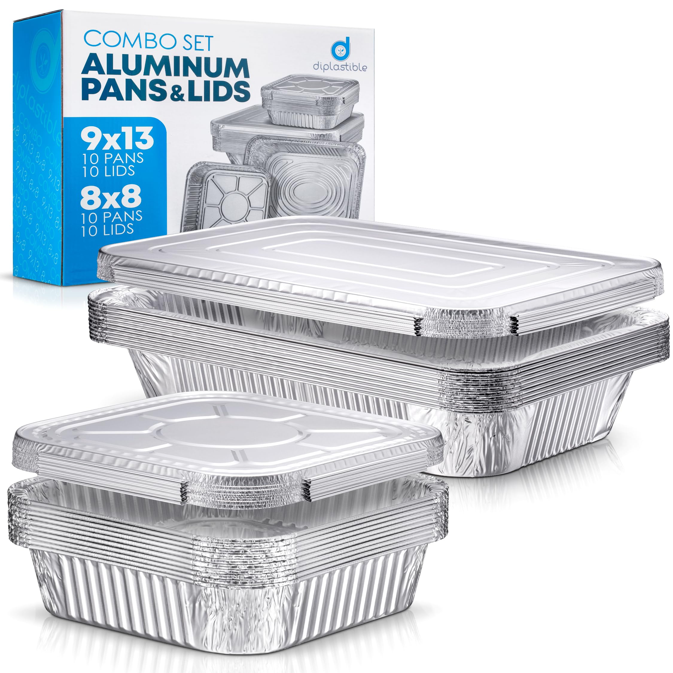 Disposable Aluminum Pans With Lids, 9x13 (10pc) And 8x8 Square (10pc) Combo Set, Disposable Baking and Cake Pan (Pack of 20)