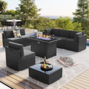 layinsun 8 piece patio furniture set with 44" propane gas fire pit table, outdoor sectional conversation set wicker rattan sofa set with coffee table