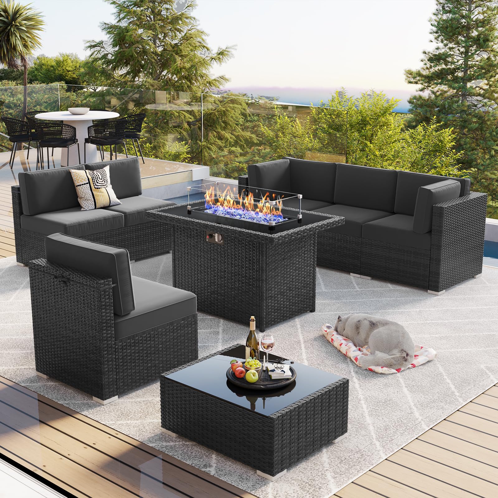 LayinSun 8 Piece Patio Furniture Set with 44" Propane Gas Fire Pit Table, Outdoor Sectional Conversation Set Wicker Rattan Sofa Set with Coffee Table