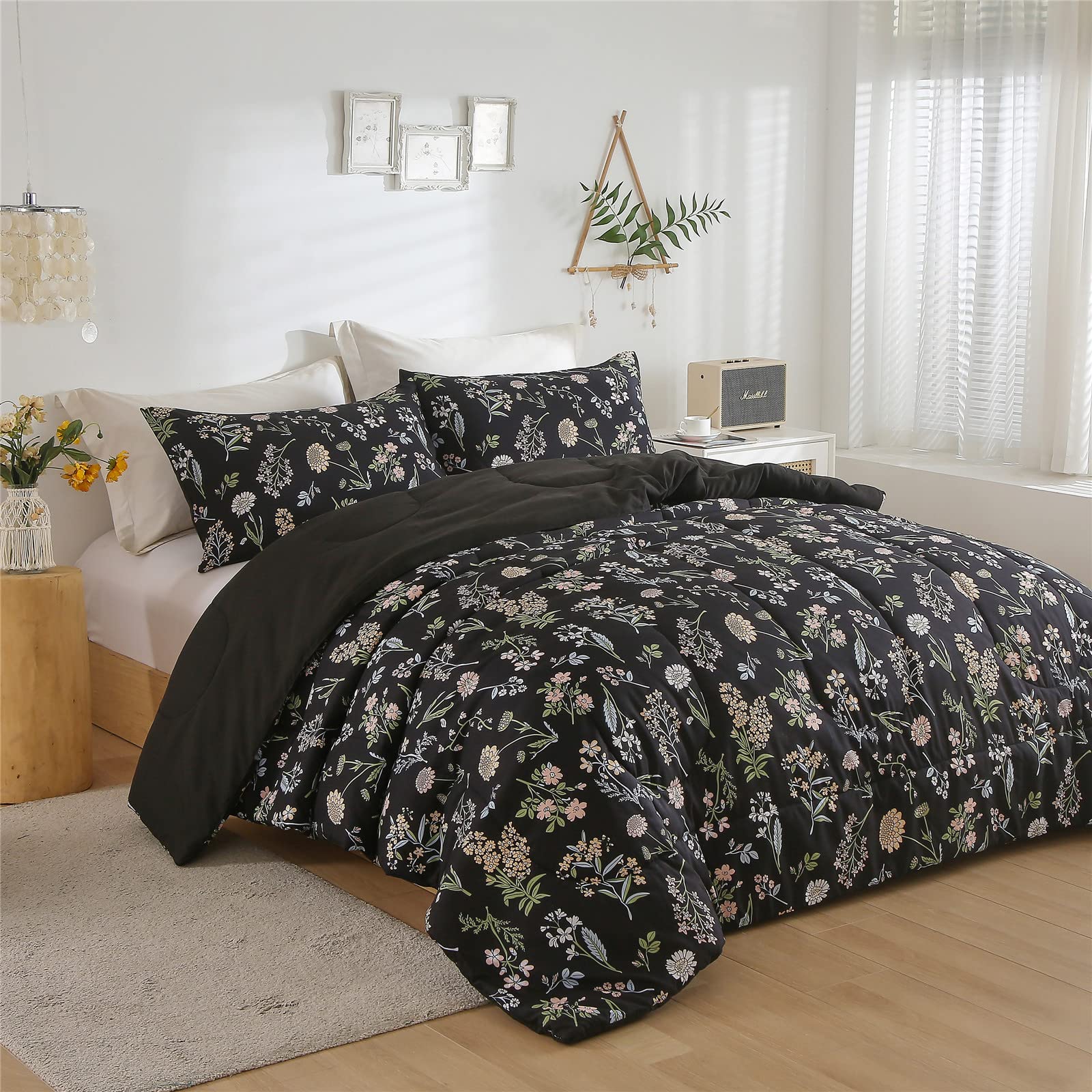 Floral Comforter Set Queen Size, Yellow Green Botanical Flower Leaves Printed Comforter for Kids Teen Women, 3 Piece Soft Microfiber Bedding Set with 2 Pillow Cases for All Season(Black,Queen)